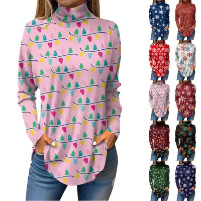 Футболки для женщин, осенние повседневные рубашки с длинными рукавами, толстовка с винтажным принтом, топ с высоким воротом, пуловер