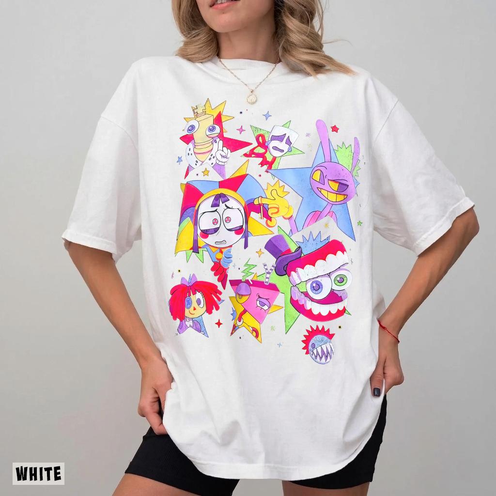 2026 Colorful Fantasy Circus Multicharacter Graphic Tshirt Unisex Loose Fit Cartoon Star Art Print Urban Street Style Casual Tees