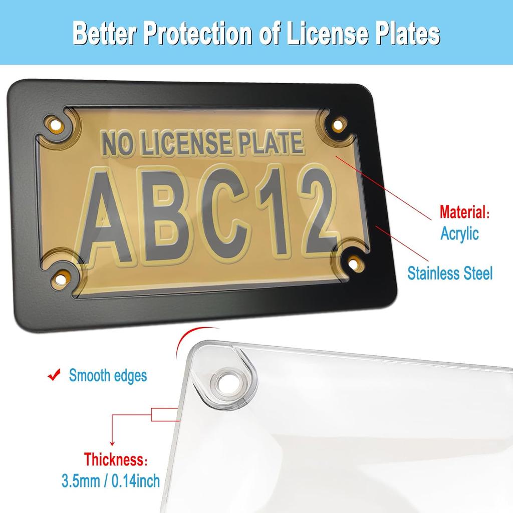 Motorcycle License Plate Covers- Bubble License Plate Protector And Black Stainless Steel Metal License Plate Frame, Unbreakable Protective Cover Is