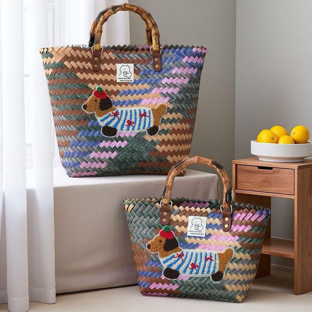 Плетеная сумка-тоут для щенка таксы с бамбуковой ручкой, винтажная пляжная сумка