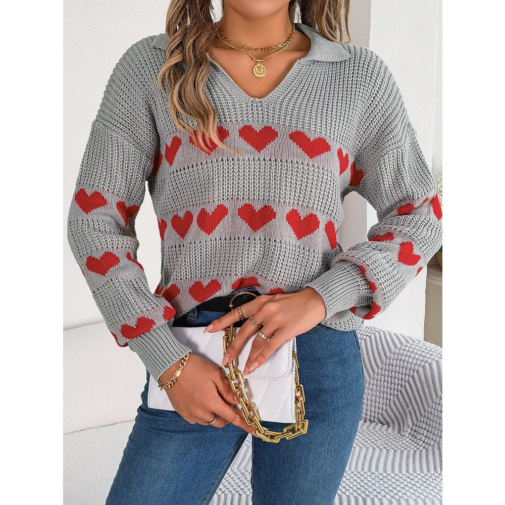 Autumn and Winter Casual Lantern Sleeve Contrast Color Love Pullover Sweater