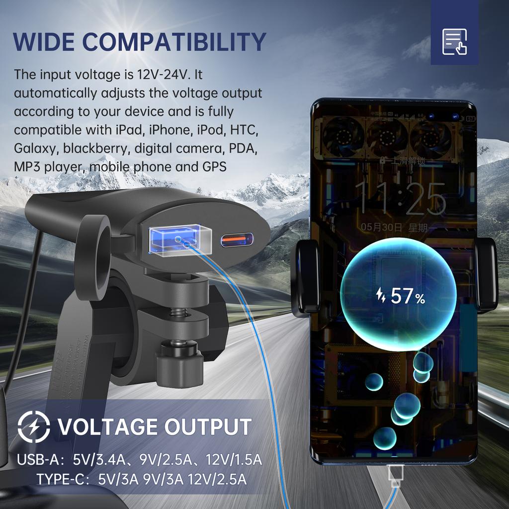 QC3.0 USB зарядное устройство для мотоцикла 30 Вт USB-C зарядное устройство IP67 водонепроницаемый GPS кронштейн для крепления на руль зарядное устройство для мотоцикла зарядное устройство для телефона
