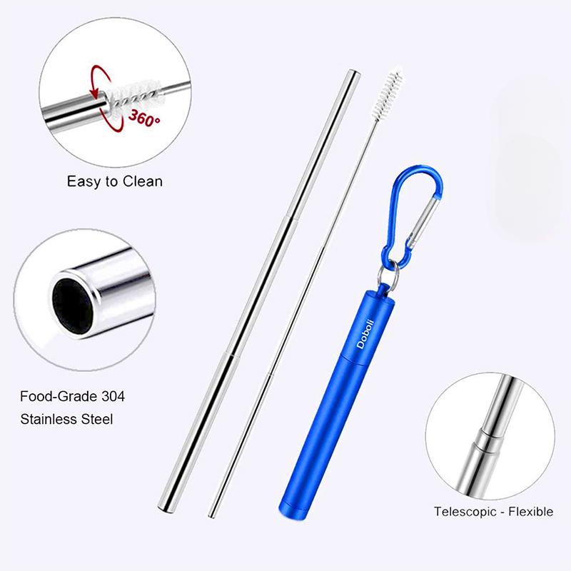 Reusable Stainless Steel Metal Telescopic Straw Collapsible Portable Travel Drinking Folding Straw Set with Cleaning Brush Case