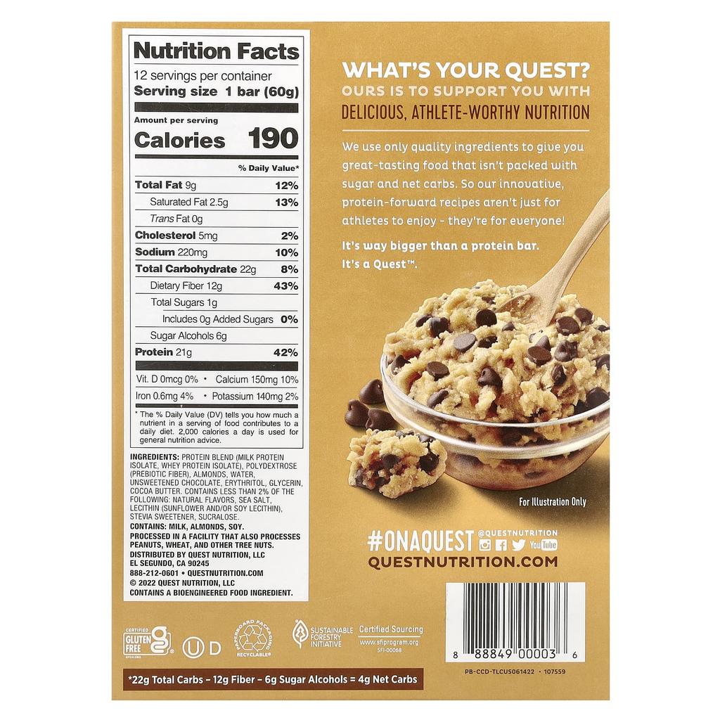 Quest Nutrition Protein Bars, Chocolate Chip Cookie Dough, 12 Bars, 2.12 Oz (60 G) Each