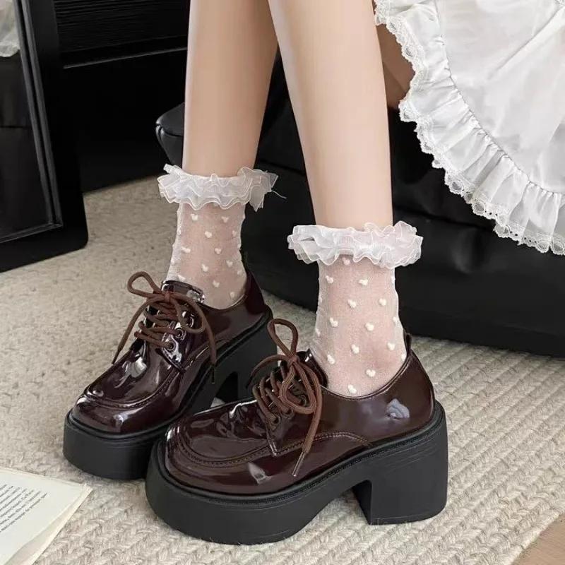 Туфли женские 2024 Лоферы женские на высоком каблуке на платформе Офисные и карьерные туфли-лодочки женские Шнуровка Круглый носок Туфли на толстом каблуке женские