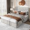 Cotton-linen upholstered bed, with hydraulic lever, bed box storage, rivet decoration, 140 x 200 cm, without mattress