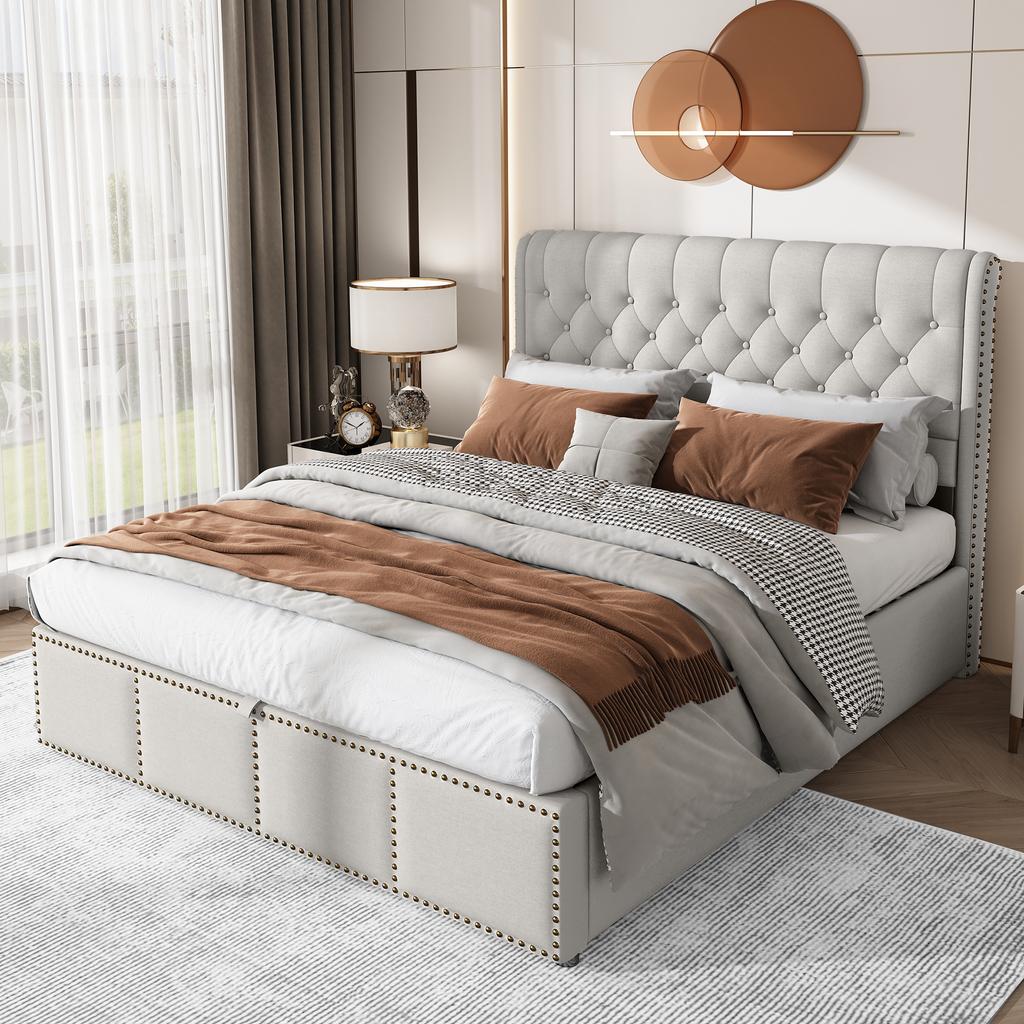 Cotton-linen upholstered bed, with hydraulic lever, bed box storage, rivet decoration, 140 x 200 cm, without mattress