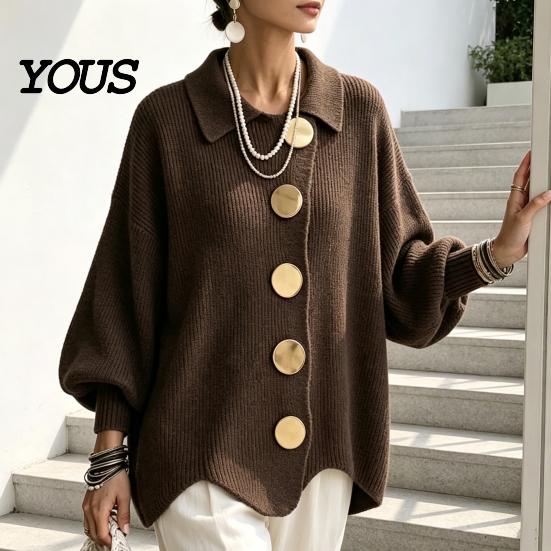Lantern Sleeve Sweater Women Oversized Knit Cardigan Sweater, Collared Top with Large Metal Relaxed Fit Buttons, Loose Casual for Spring Autumn