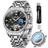 OLEVS Automatic Watch Mechanical Skeleton Diamond Popular Calendar Waterproof Date Luminous Watch for Men Stainless Steel Stylish Brand Black Men's
