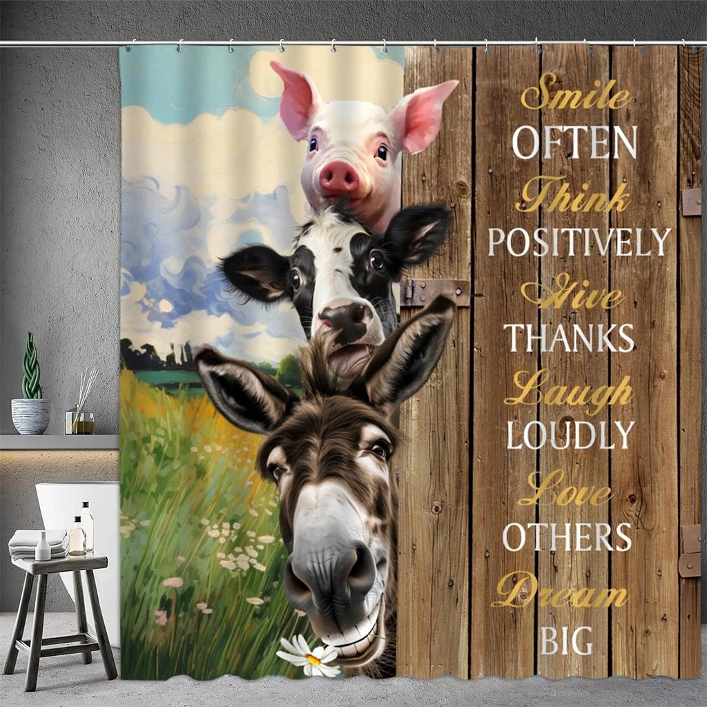 Farm Animal Shower Curtain, Oil Painting Farmhouse Barn Door Donkey Cow Pig Sunflower Spring Bathtub Partition Bathroom Decor