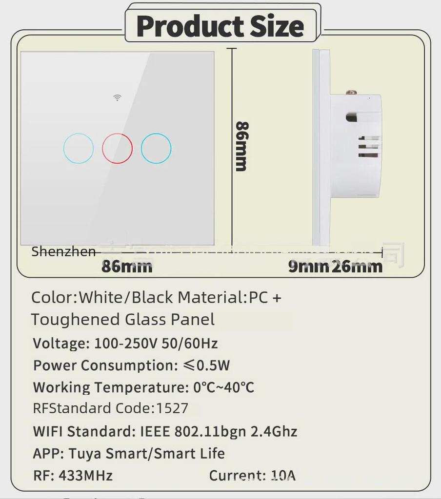 Tuya European Standard RF433 Smart Switch with WiFi & Bluetooth, Single Zero Fire Universal Remote Control, Tempered Glass, 86 Type.