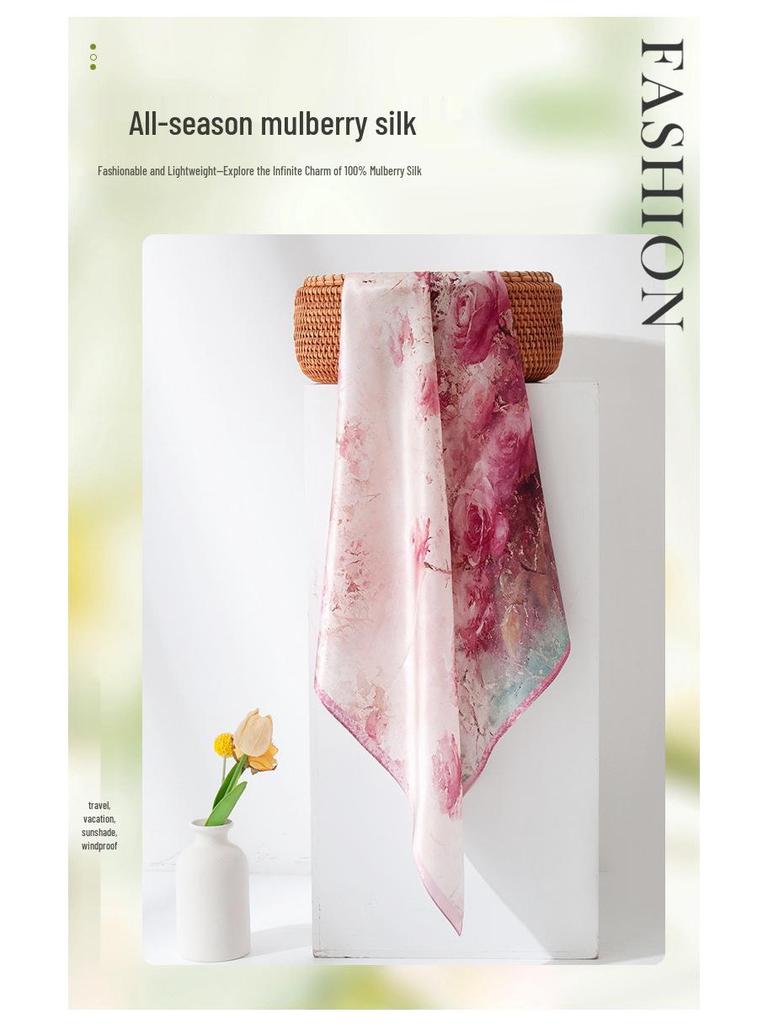 Элегантный розовый шарф из тутового шелка с розами - Роскошный подарок для мамы: Легкий, декоративный шейный платок-снуд