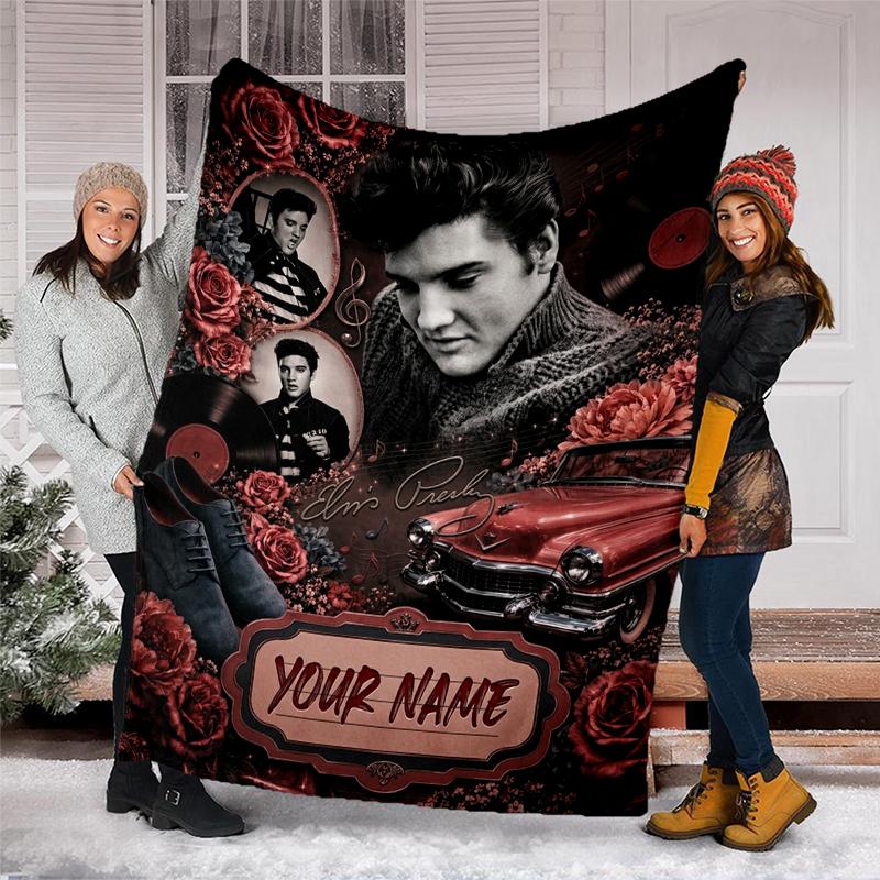 Custom Name Elvis Roses Car. Flannel Fleece Blanket Cozy Warm Throw Blanket For Couch Bed Travel All Season Use