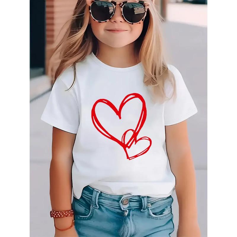 European sizes Valentine's Day Heart Print Fun Pattern Girls' T-Shirt, Cute Cartoon Short Sleeve Top for Kids, Toddlers
