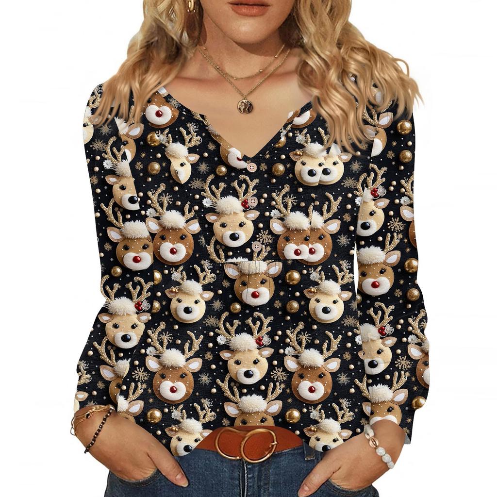 Женская модная повседневная блузка с V-образным вырезом на пуговицах с рождественским принтом, пуловер с длинными рукавами, футболка, топ