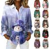 Women's Christmas Printed Button Up Long Sleeved Casual Regular Shirt With Collar Top