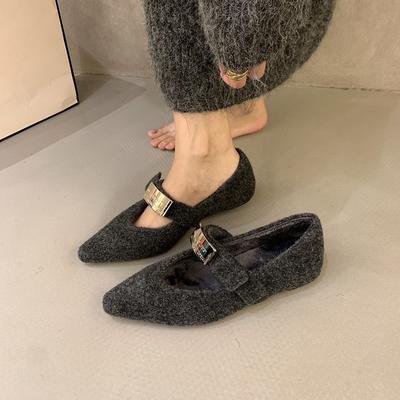 Внутренняя высота увеличивается остроносые серые пушистые туфли Мэри Джейн женские 2024 новые осенне-зимние туфли из бархата и хлопка с юбкой одинарные туфли