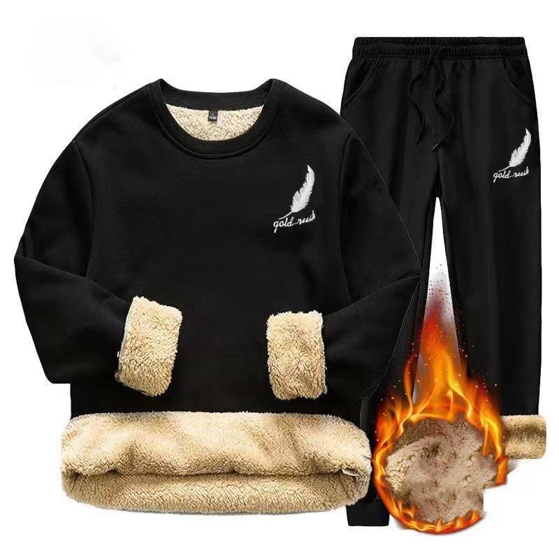 Зимний утепленный и теплый мужской костюм из овечьей шерсти, толстый бархатный свитер + брюки, костюм из двух частей больших размеров