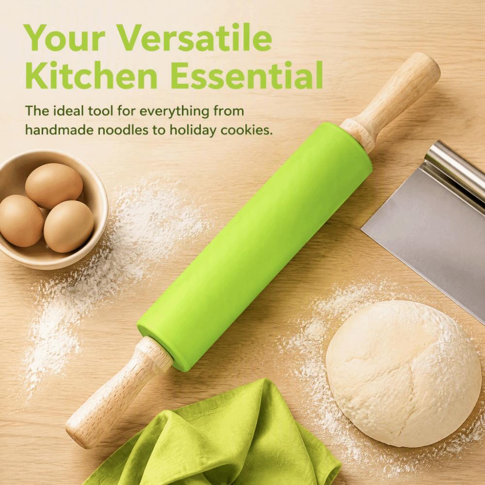 Solid Wood Handle Dough Roller Silicone Baking Rolling Pin Rolling Pin Dough Pancake Pastry Cookie