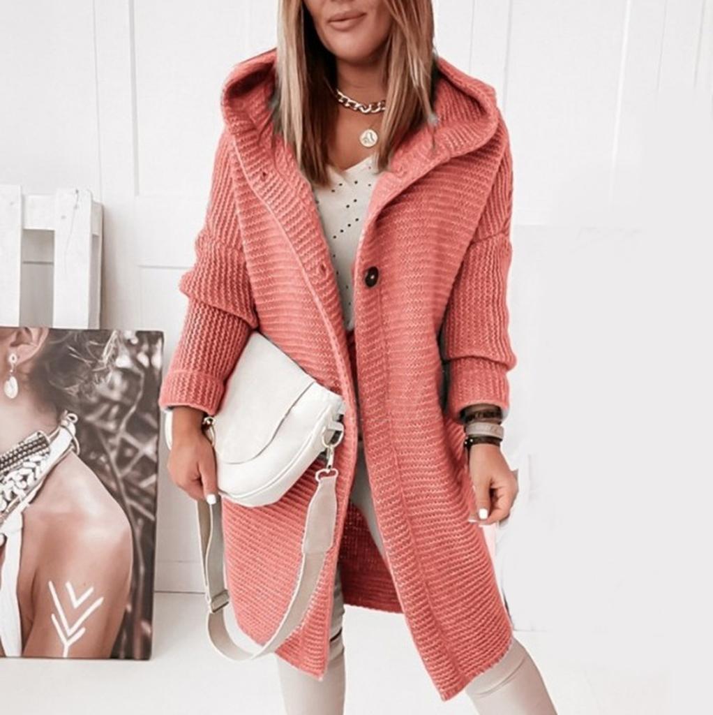 Women's Hooded Knitted Cardigan Solid Color Long Sweater Coat Thickened Winter Warm