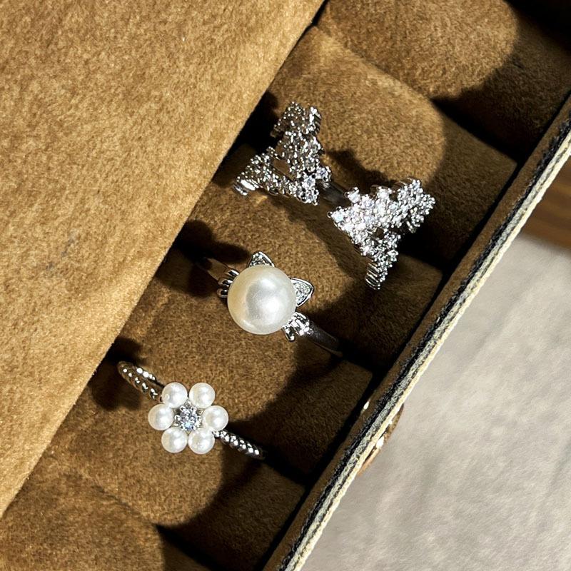 Sweet kitten pearl flower fashion open ring female Korean simple niche design sense exquisite fashion ring