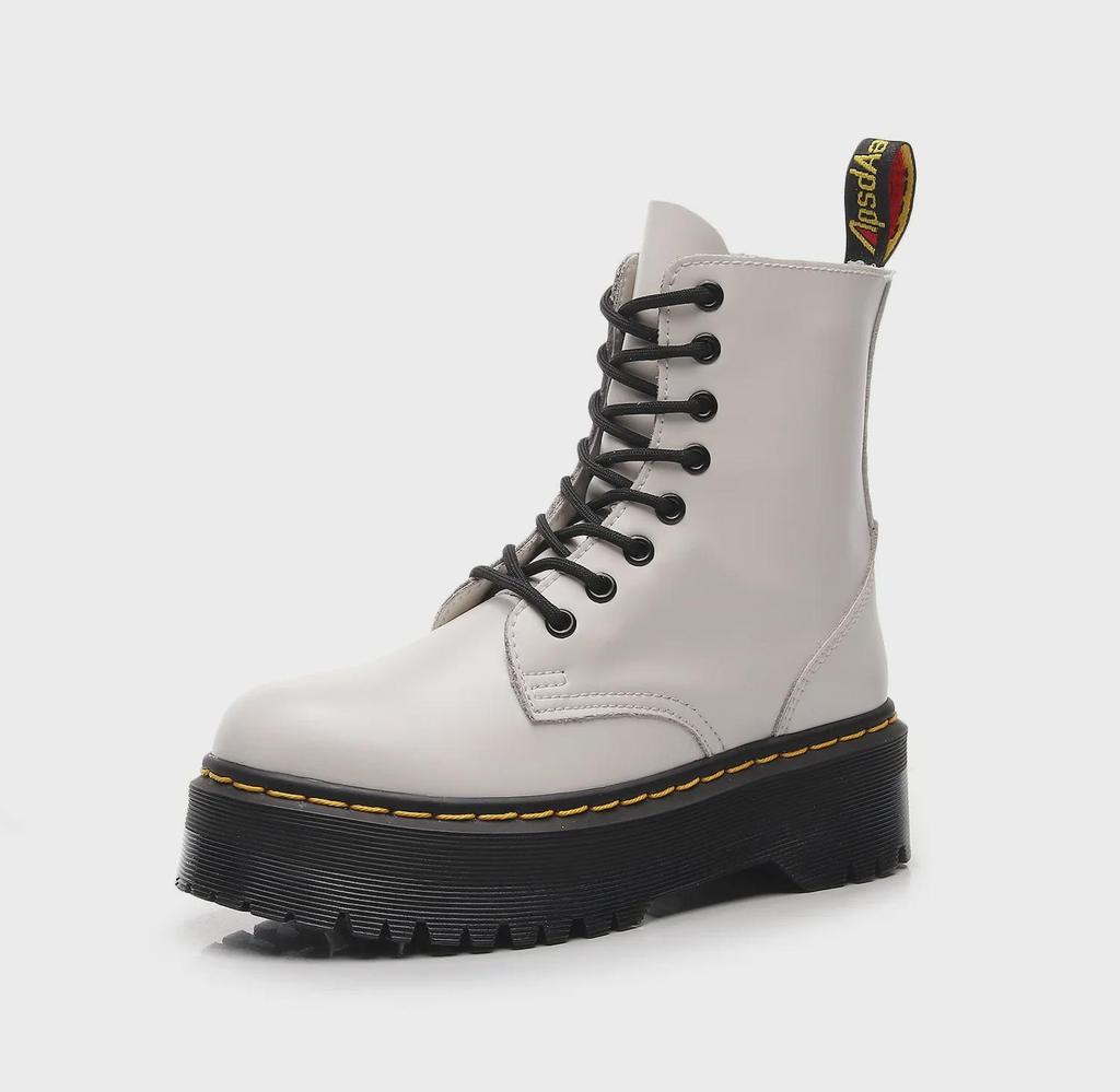 European & American 8-Hole Thick-Soled Motorcycle Boots, Women's British Style, Side Zipper, Platform Lace-Up Ankle Work Boots.