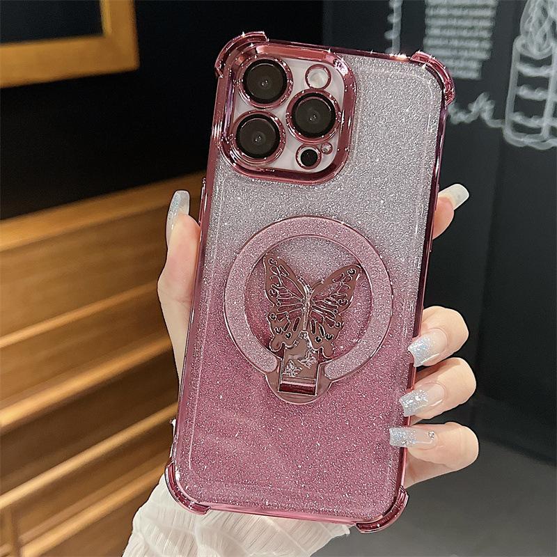 Applicable to iPhone16ProMax mobile phone case butterfly glitter bracket Apple 15 four corners anti-drop protective case