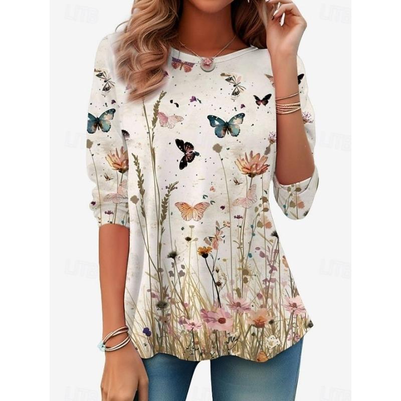 Women's Casual T-shirt 3D Printed Flower Print Round Neck Retro Elegant Long Sleeves Women's Fashion Pullover Long Sleeve Tops