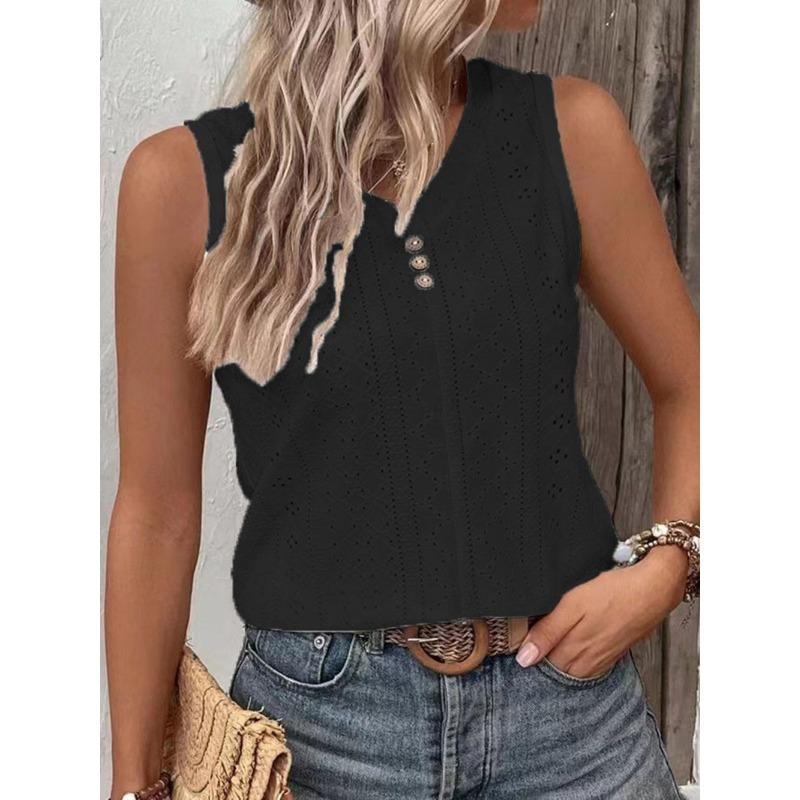 Летняя футболка Женская мода Однотонная Повседневная V-образный вырез Без рукавов На пуговицах Жилет Футболка