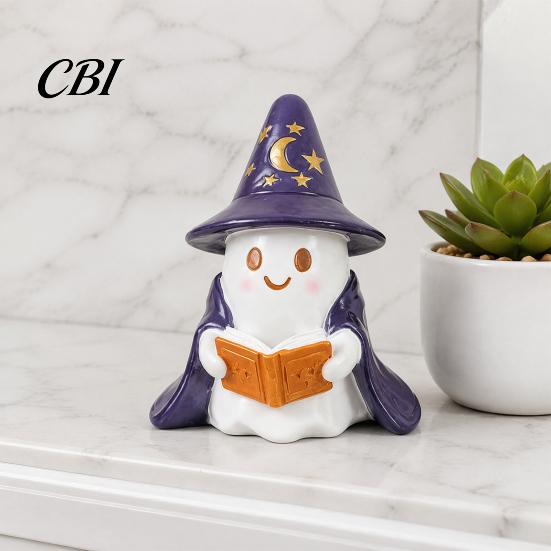 Halloween Party Supplies Lighted Ghost Figurine, Resin Wizard Statue with LED Light, Cute Figurine Reading Book Night Light for Home Desktop