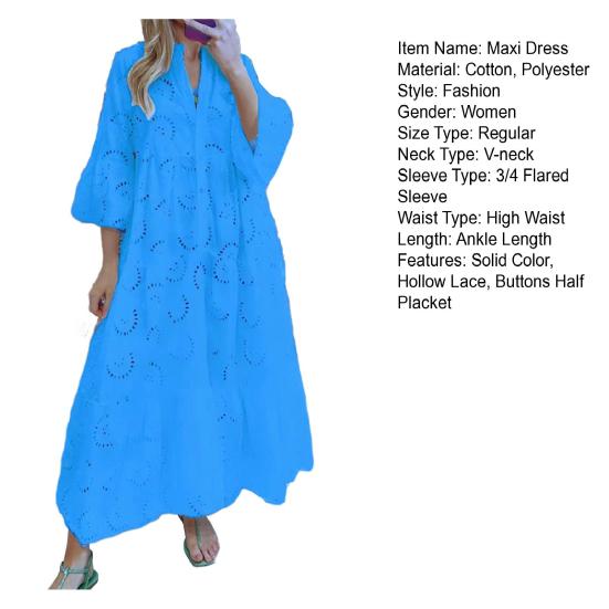 Элегантное сплошное цветное кружевное платье макси с вышивкой и v-образным вырезом, расклешенные рукава 3/4, ажурные пуговицы с цветочным узором, полупланка с рюшами и швом по подолу