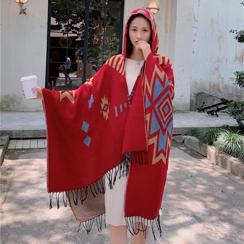 21 Style Big Pendulum Cloak With Hat Arabic Poncho Women Leopard Pocket Shawl Cape Knitted Middle East Split Thick Warm Blanket