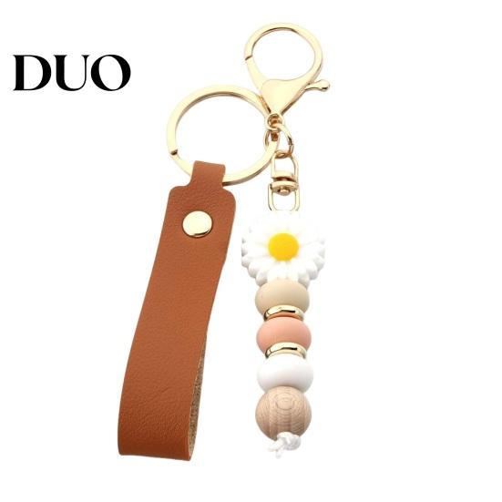 Silicone Bead Wristlet Keychain Flower with Faux Leather Wristlet, Car Key Wood Ring Pendant, Handbag Backpack Charm Beads Decorative
