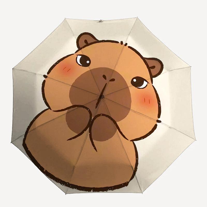 Capybara Automatic Folding Umbrella Simple 8 Rib Design, Bright Cartoon Pattern, Durable Iron Frame, Suitable For Travel, Outdoor, Beach C