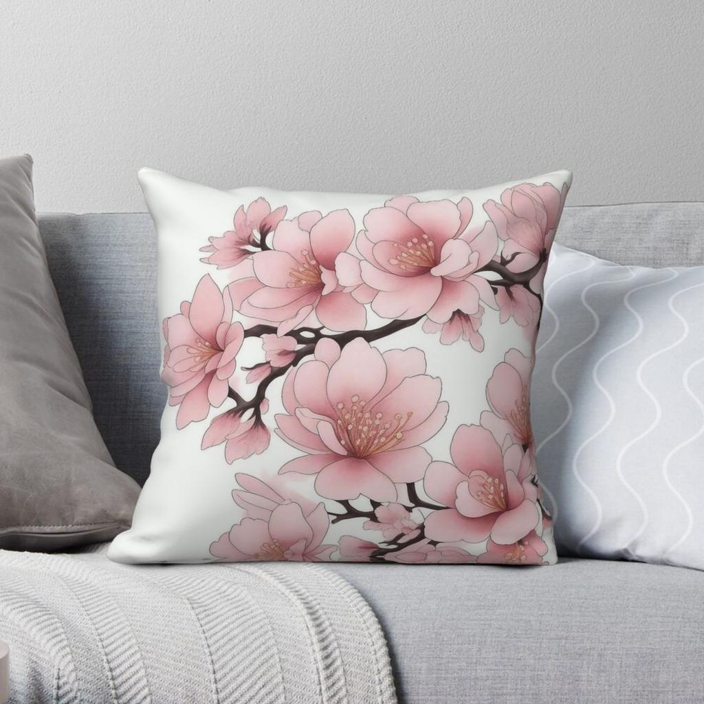 Sakura Pink Cherry Blossoms Square Pillowcase Polyester Linen Velvet Creative Zip Decorative Pillow Case Home Cushion Case