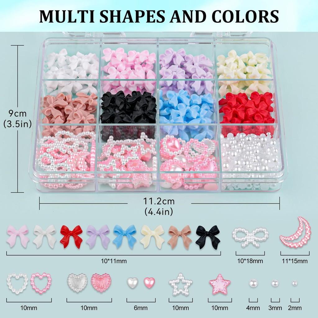 12Grids/Box Mixed Resin Bowknot Nail Charms 3D Colorful Bow Kawaii Rhinestone Nail Art Decorations DIY Manicure Parts Pen Tweeze