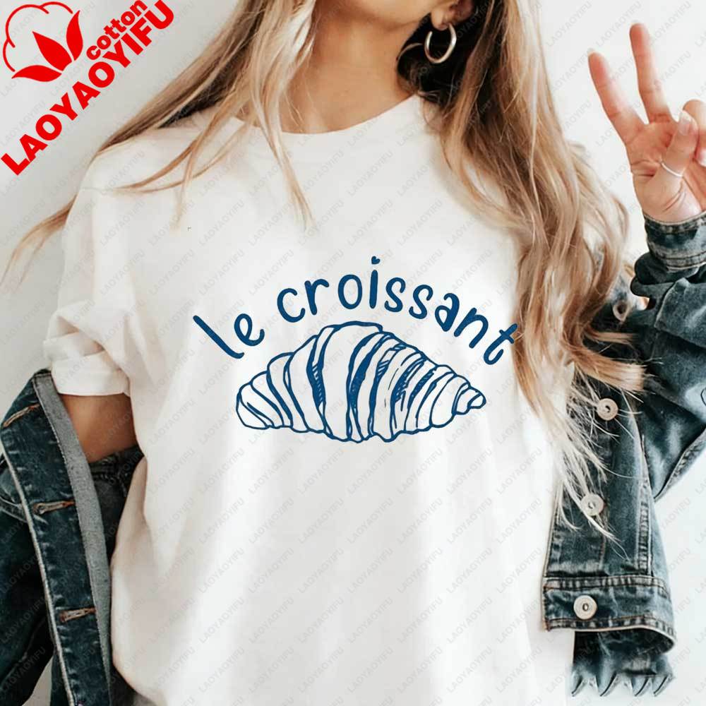 Женская минималистичная футболка Le Croissant Французский синий Графическая футболка с рисунком в виде линии Хлопковая футболка Летняя Эстетичная Топы для любителей парижской еды