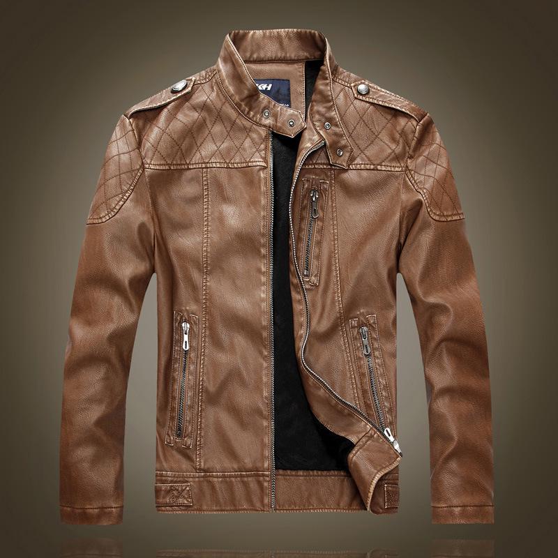Young men's slim pu leather jacket fashion locomotive leather jacket velvet old retro men's stand-up collar tough guy leather jacket