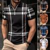 Men Summer Shirt Lapel Zipper Color Matching Plaid Striped Print Slim Fit Short Sleeve Pullover Mid Length Soft Breathable Men Business Top
