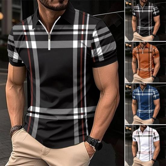 Мужская летняя рубашка на молнии с лацканами в клетку в полоску с принтом Slim Fit пуловер с короткими рукавами средней длины мягкий дышащий мужской деловой топ
