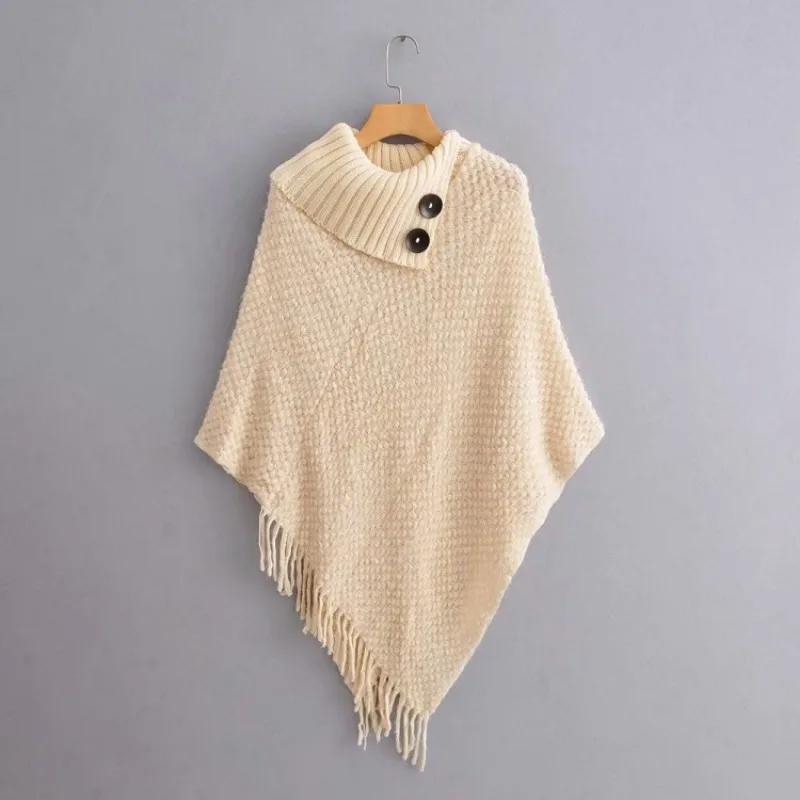 Turtleneck Pullovers Tassel Knitwears Women Tops Casual Loose Knitted Sweater Women Korean Fashion Woman Cape Long Shawl Solid Winter Clothes 28271