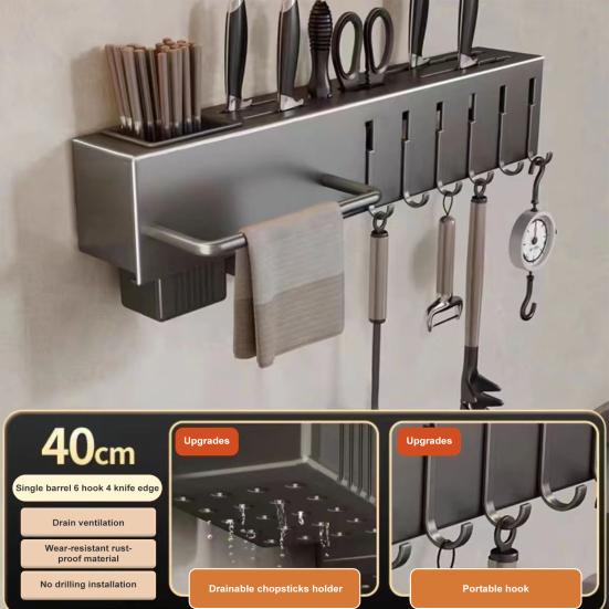 Kitchen Cutlery Holder Wall Mounted Cutter Holder with Hooks Carbon Steel Cutter Storage