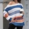Women's Rainbow Intercolour Splicing Knit Sweater Pullover Temperament Commuter Loose Sweater
