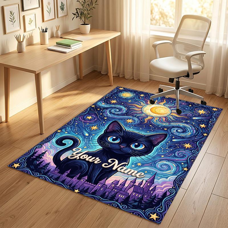 Starry Night Cat Dreamscape Theme Soft Crystal Velvet Rug Custom Name & Text Print Non Slip Floor Rug for Bedroom Living Room