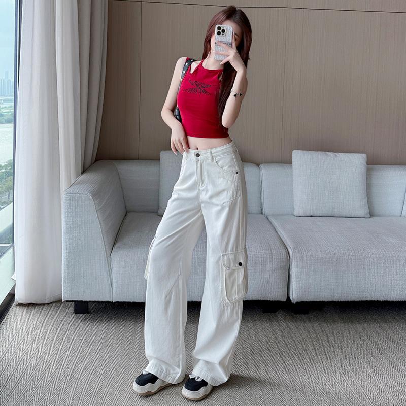 Summer versatile denim splicing wide-leg narrow overalls women