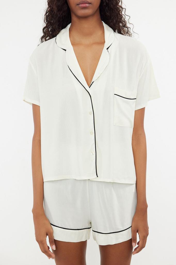 Women's Fashion Viscose Woven Pajama Set with Cinnamon Piping Detail