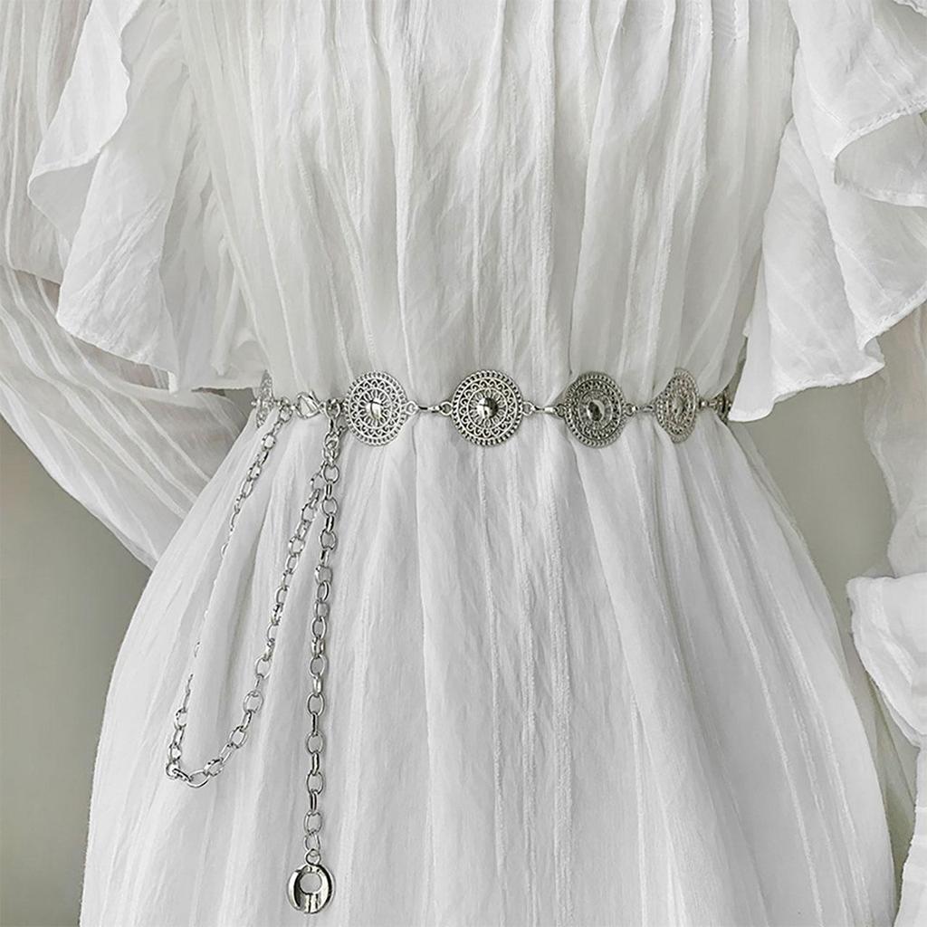 Женский металлический пояс с круглыми вырезами, золото, серебро, резной, длинный, регулируемая цепочка, элегантный, для платья, пальто, декоративный ремешок