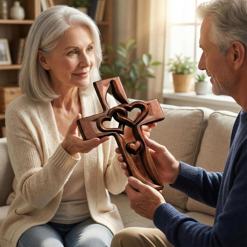 Marriage Cross Wall Decor, Handmade Wooden Cross with Intertwined Hearts, Hand-Carved Wall Hanging, Valentine’s Day Easter Wedding Gift