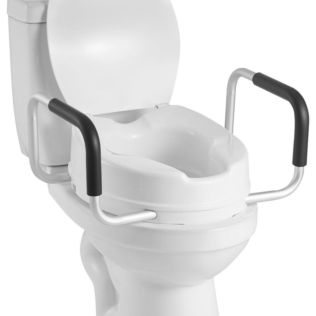 Raised Toilet Seat with Arms, 136.1 kg Load Capacity, 101.6 mm Lift Height, Widened Commode Elevated Toilet Seat Riser with Padded Handles for