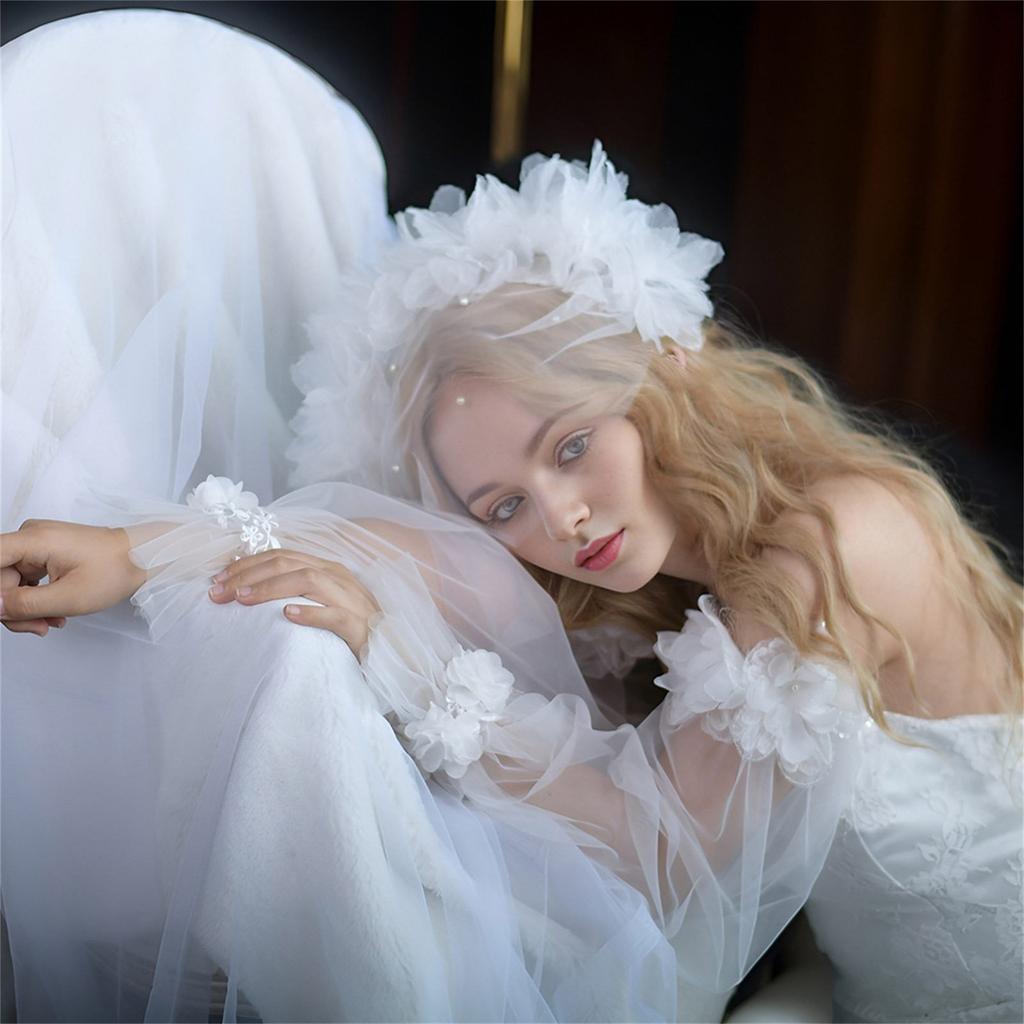 Bridal Veil Bride Elaborate Tulle Headband Pearls Flower Bachelorette Party Hen Party Bride Veil Hen Party Head Scarf